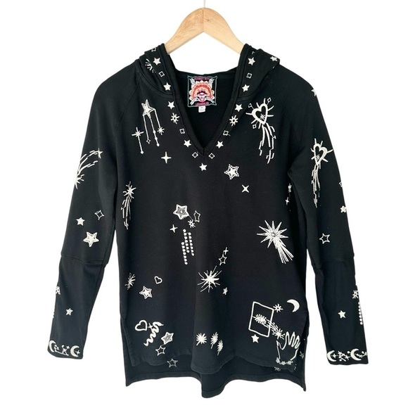 Johnny Was hoodie tunic black embroidered star moon sun celestial XS Angol Beach - Picture 2 of 16